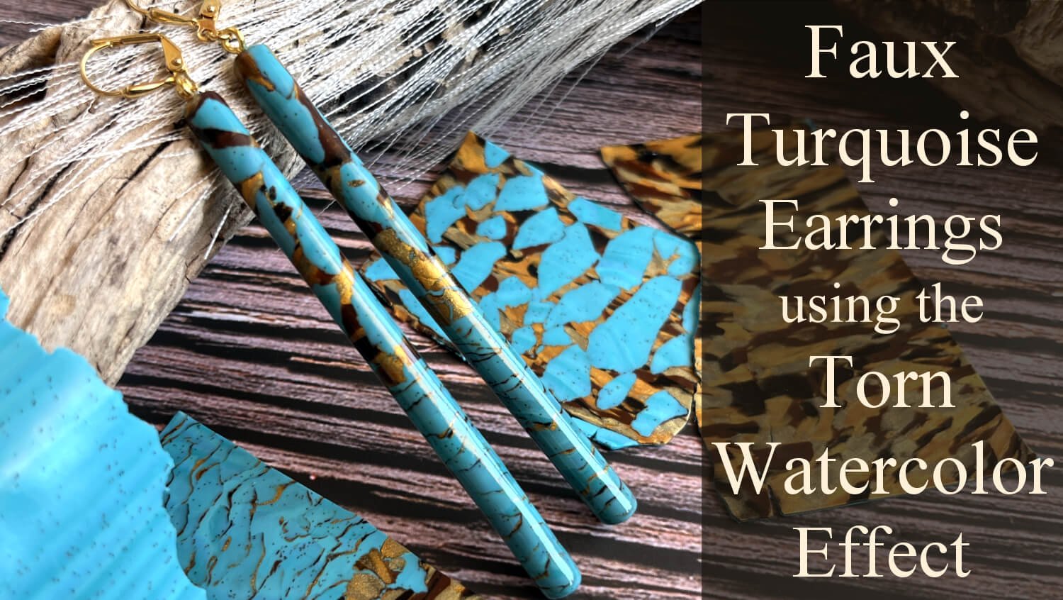 Turquoise earrings, bracelet, and hairpin with gold accents on a wooden surface with torn watercolor paper showcasing an art product for faux turquoise jewelry design.