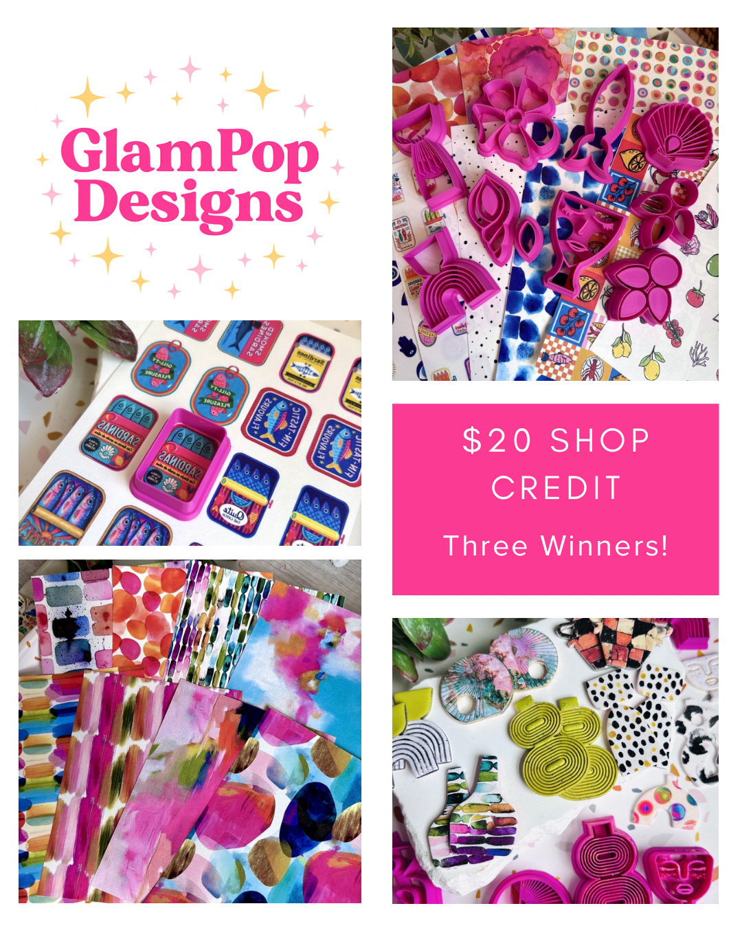 Collage of colorful craft supplies including silicone molds, sticker sheets, patterned paper, and jewelry components with promotional text for GlamPop Designs offering a $20 shop credit to three winners.