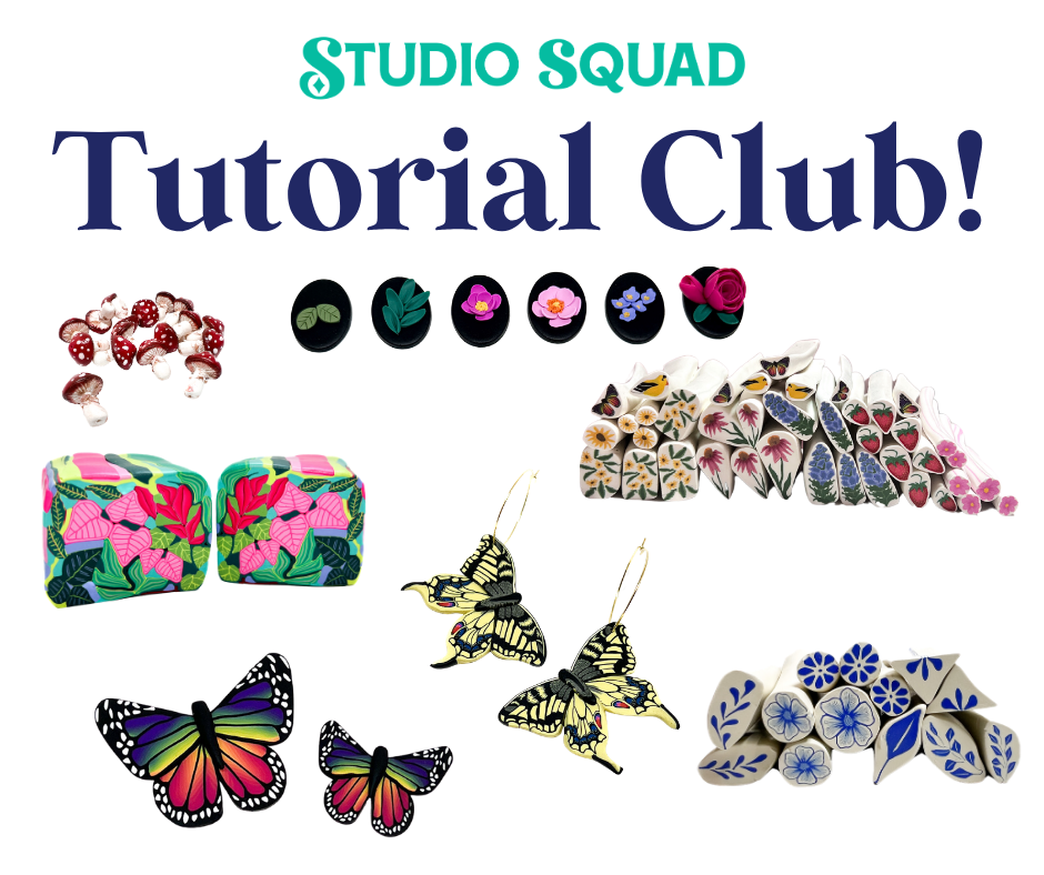 Colorful nail art clay pieces featuring butterflies, flowers, and abstract patterns displayed on a white background with the text 'Studio Squad Tutorial Club!' at the top.
