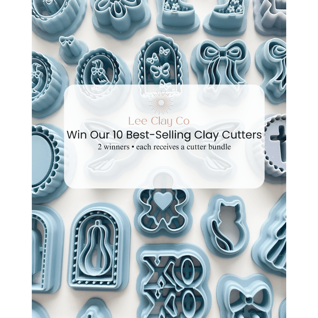 Collection of blue and gray clay cutters shaped as bows, shoes, hearts, and other decorative designs.