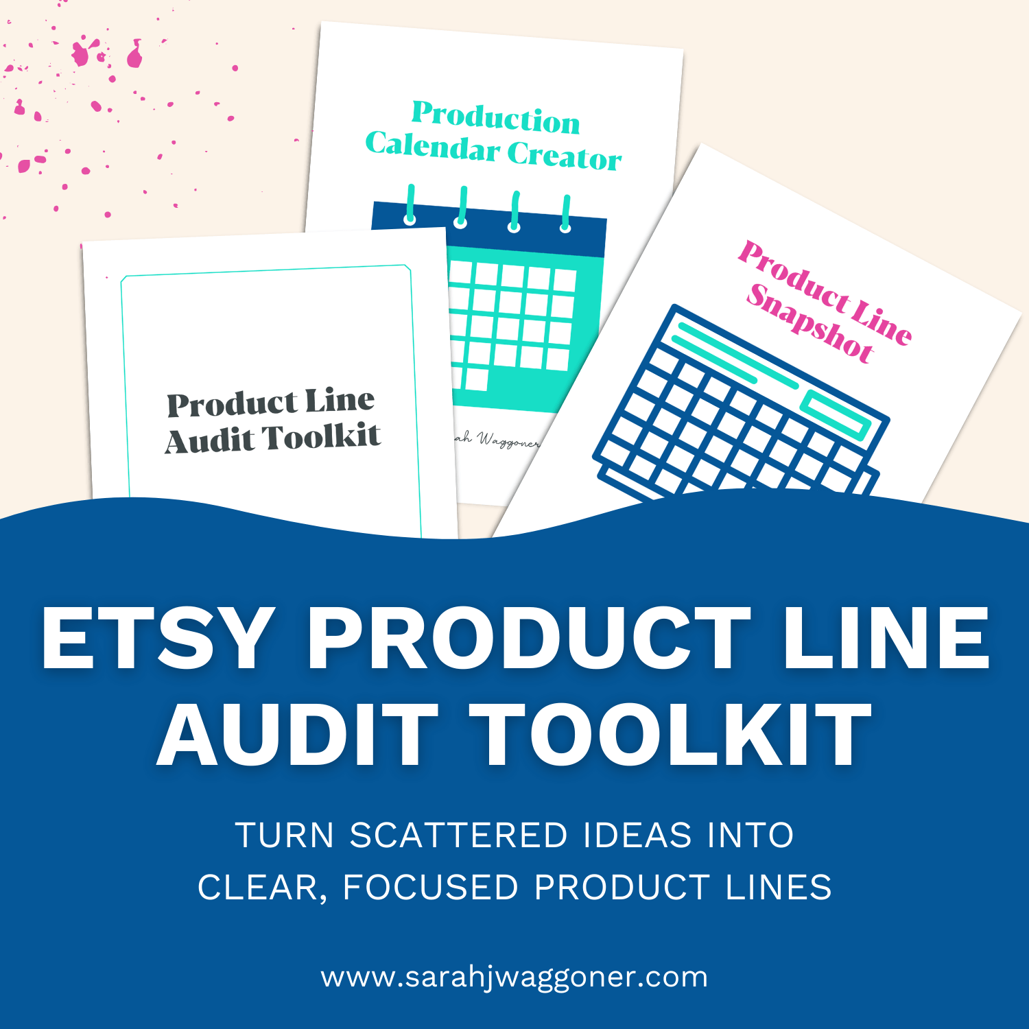 Cover of the Etsy Product Line Audit Toolkit, featuring illustrations of a calendar and a product snapshot sheet, along with the title text.