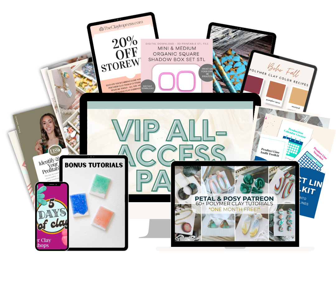 A collection of digital marketing materials and tutorials for polymer clay crafts, including a computer screen with 'VIP All-Access Pass,' a tablet with bonus tutorials, colorful jewelry pieces, and various promotional graphics for clay projects and sales.