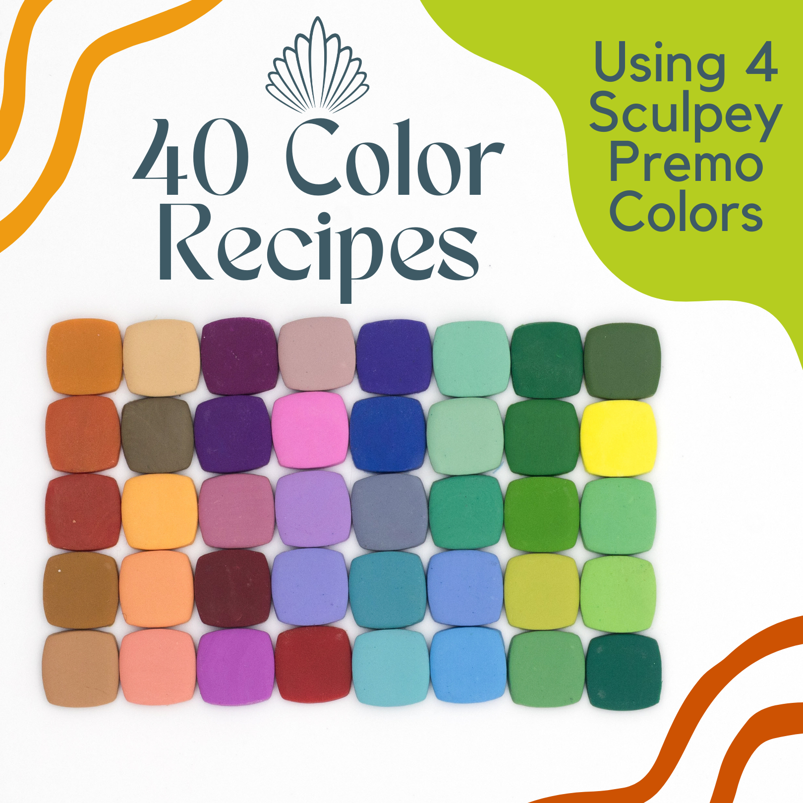 Color palette of 40 small, square pastel and vibrant chalk-like colors arranged in a grid on a white background, with text indicating it is a recipe book for using four Sculpey Premo Colors.