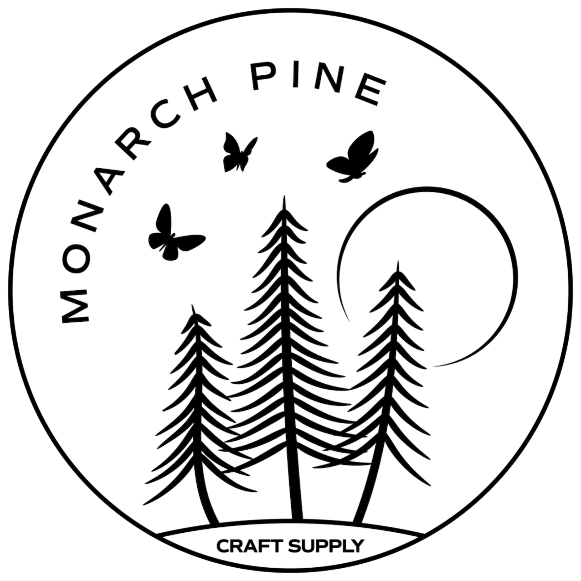 A circular logo with three tall pine trees, flying butterflies, a crescent moon, and the words "Monarch Pine" and "Craft Supply".