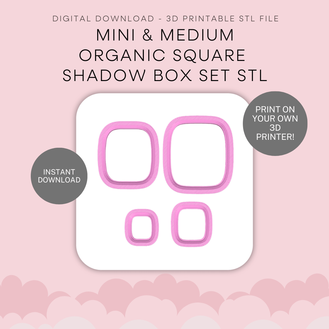 Promotion for a digital download of a 3D printable STL shadow box set in mini and medium sizes, featuring pink square frames on a pink background.