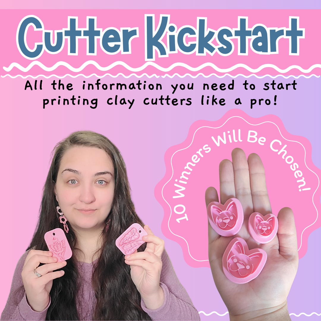 Pink and purple flyer for clay cutter kits with a young woman holding pink clay cutters and showing three cutters with cat and bird faces, advertisement for a Kickstarter campaign.