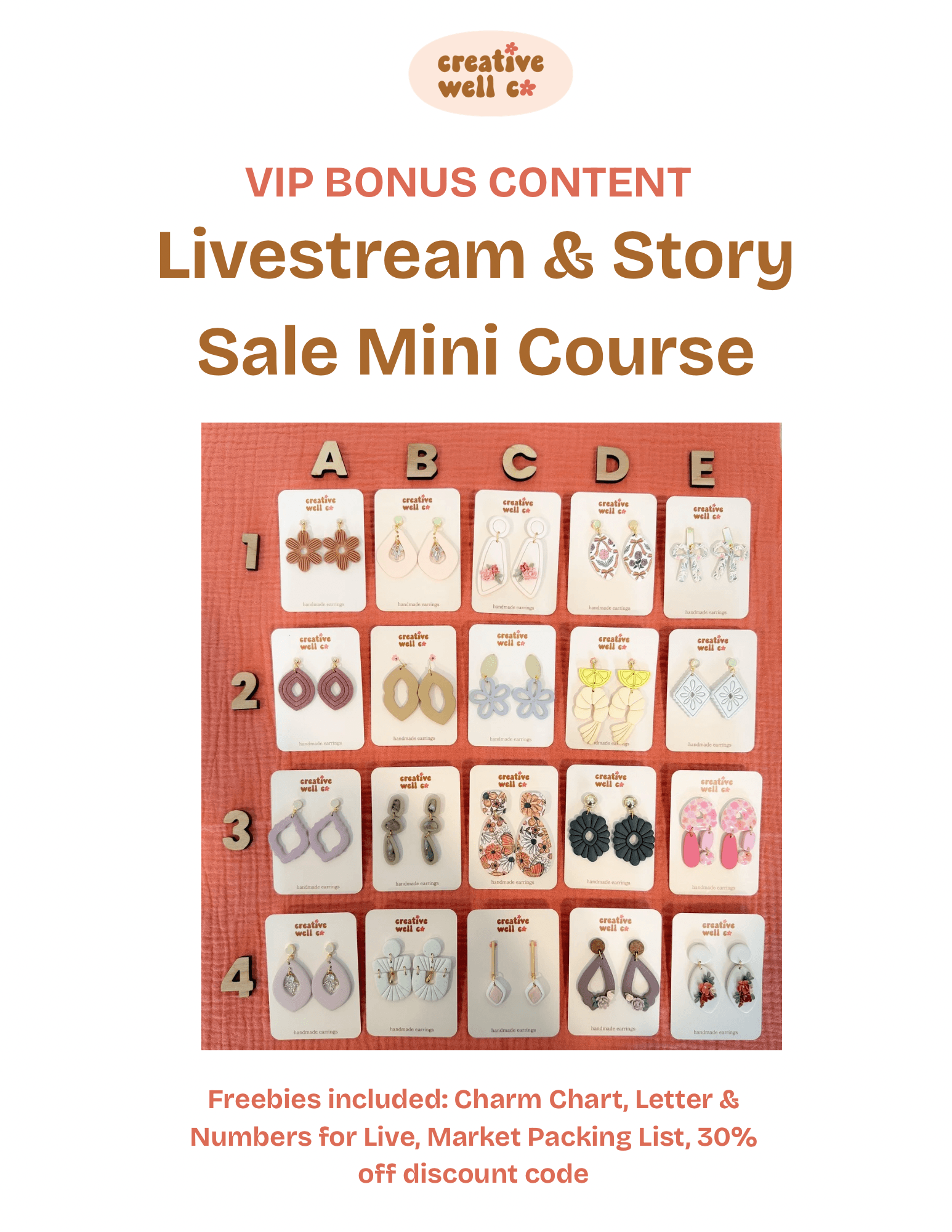 A promotional flyer for a mini course on livestream and story sale, showing a grid of earrings labeled with letters A to E and numbers 1 to 4, with text indicating freebies included and a discount code.