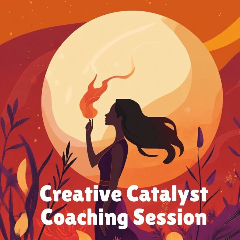 Silhouette of a woman holding a lit matchstick in front of a large moon with warm orange and purple tones, leaves and plant silhouettes, and the text "Creative Catalyst Coaching Session"