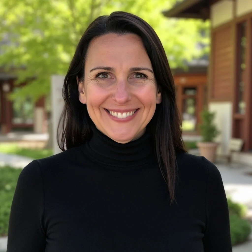 A woman with dark hair smiling outdoors with green trees and wooden buildings in the background.