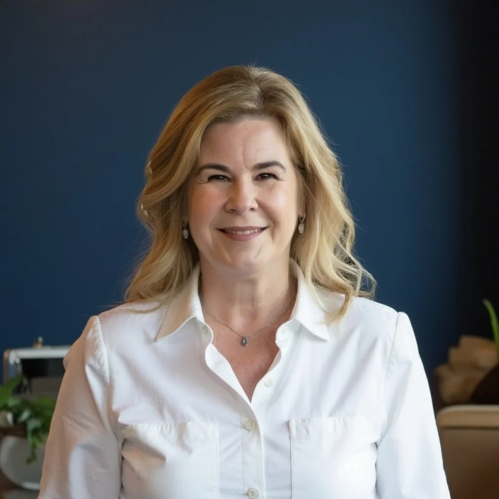 A middle-aged woman with blonde hair in a white button-down shirt, smiling in front of a dark blue background.