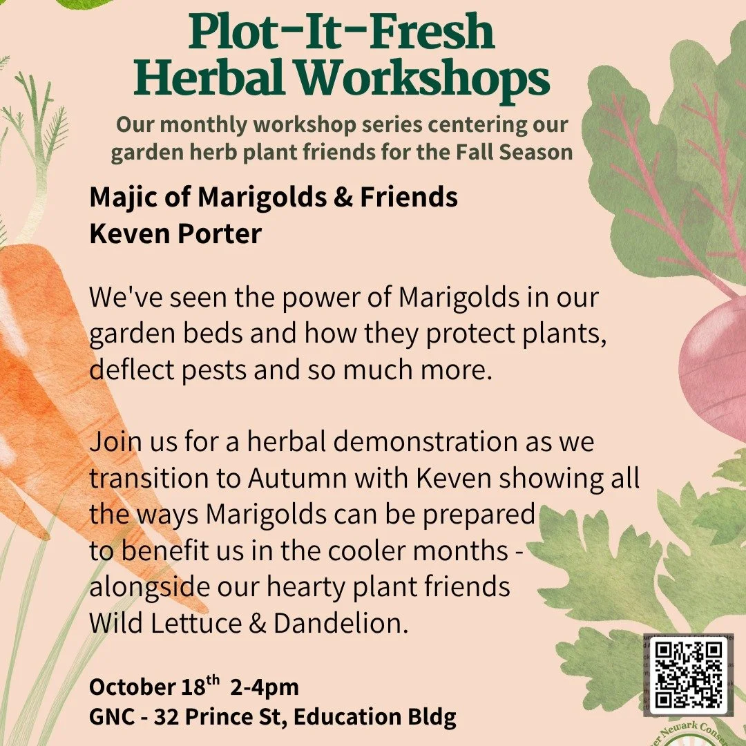 Join Keven Porter for the Magic of Marigolds &amp; Friends Herbal Workshop October 18th from 2pm-4pm. This event will NOT be at Rabbit Hole Farm Newark, it will be hosted at 32 Prince St, Education Bldg. Use the QR code on the next slide to register.