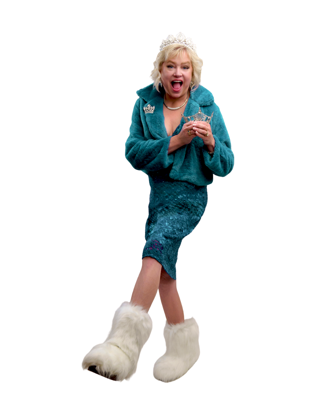 A woman dressed in a witty, playful costume of a queen, wearing a tiara, blue faux fur coat, sequined blue skirt, oversized furry slippers, and holding a small crown.