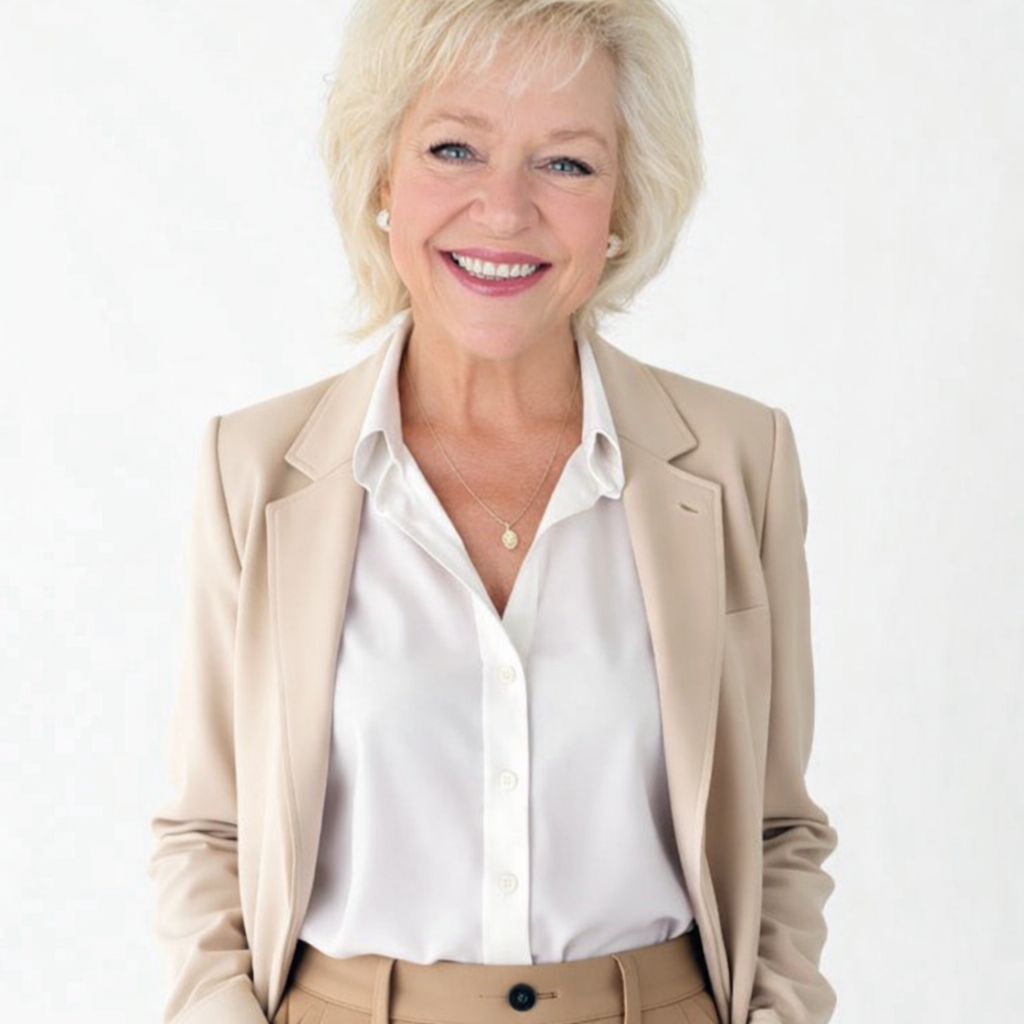 A smiling mature woman with blonde hair, wearing a beige blazer, white shirt, and beige pants, standing against a plain white background.
