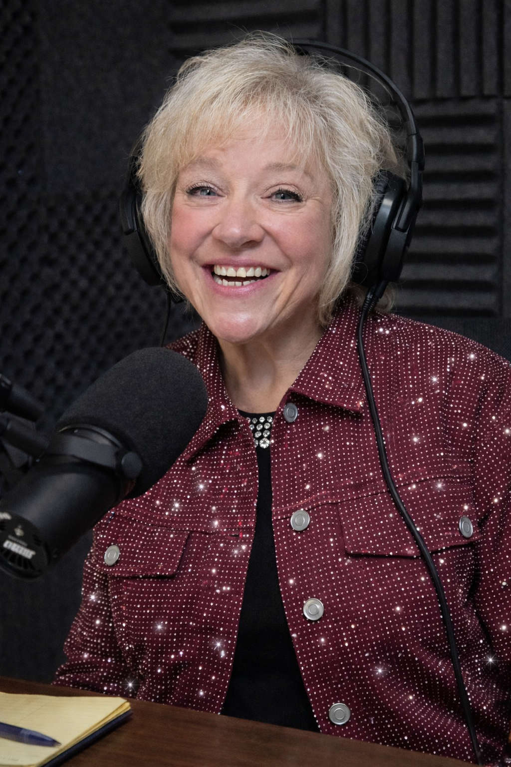 A woman with short, blonde hair and a bright smile, wearing a red jacket with white sparkles, speaking into a microphone in a recording studio.