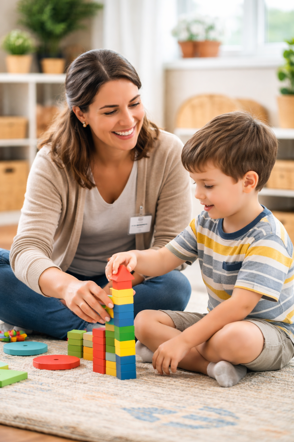 Occupational therapist guiding a child with sensory sensitivities through sensory integration activities and developmental play.