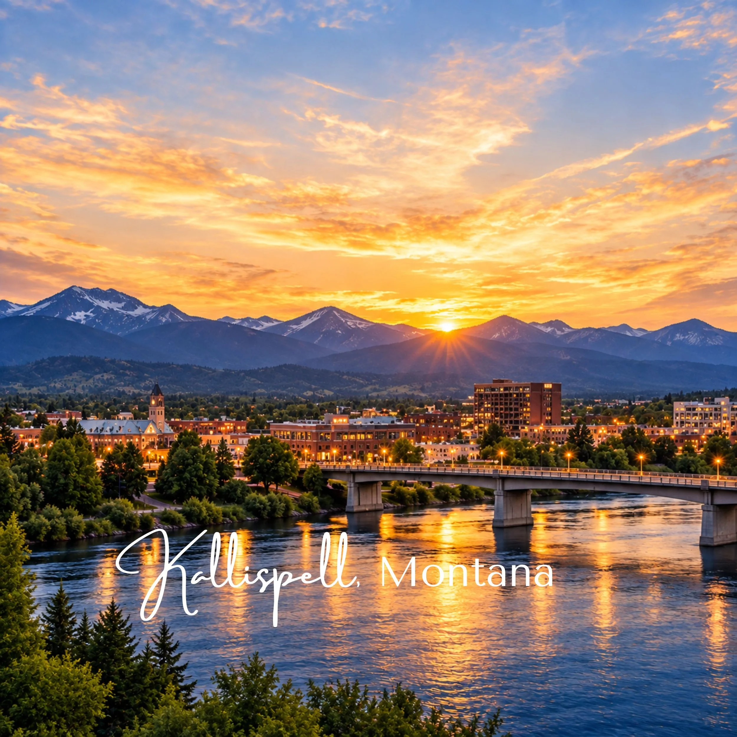 Sunset over mountains, with a city skyline and a river in the foreground, and overlay text reading 'Kalispell Montana'.