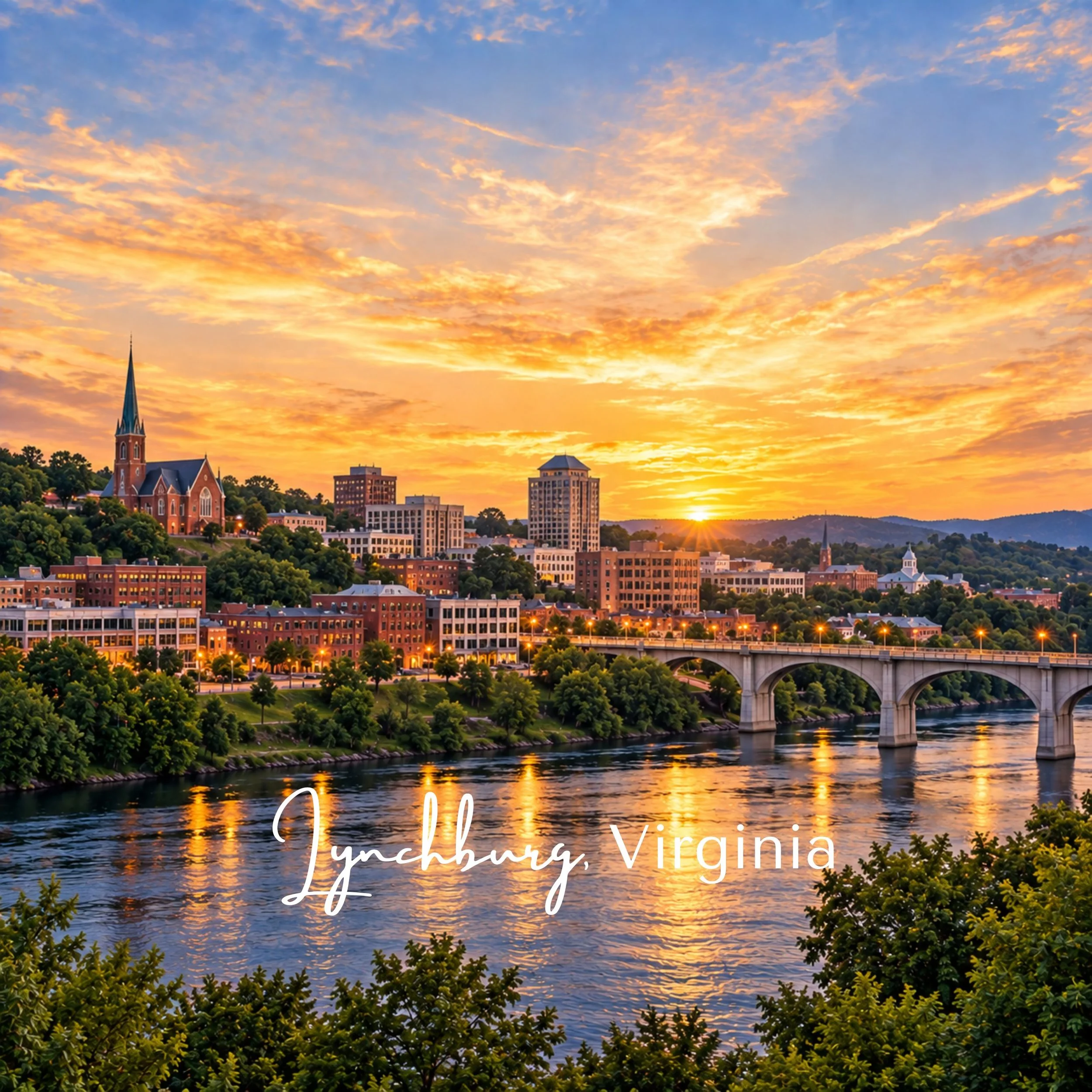 Sunset over a cityscape with a river in Lynchburg, Virginia, featuring buildings, a church with a tall steeple, bridge, and lush green trees along the river bank.