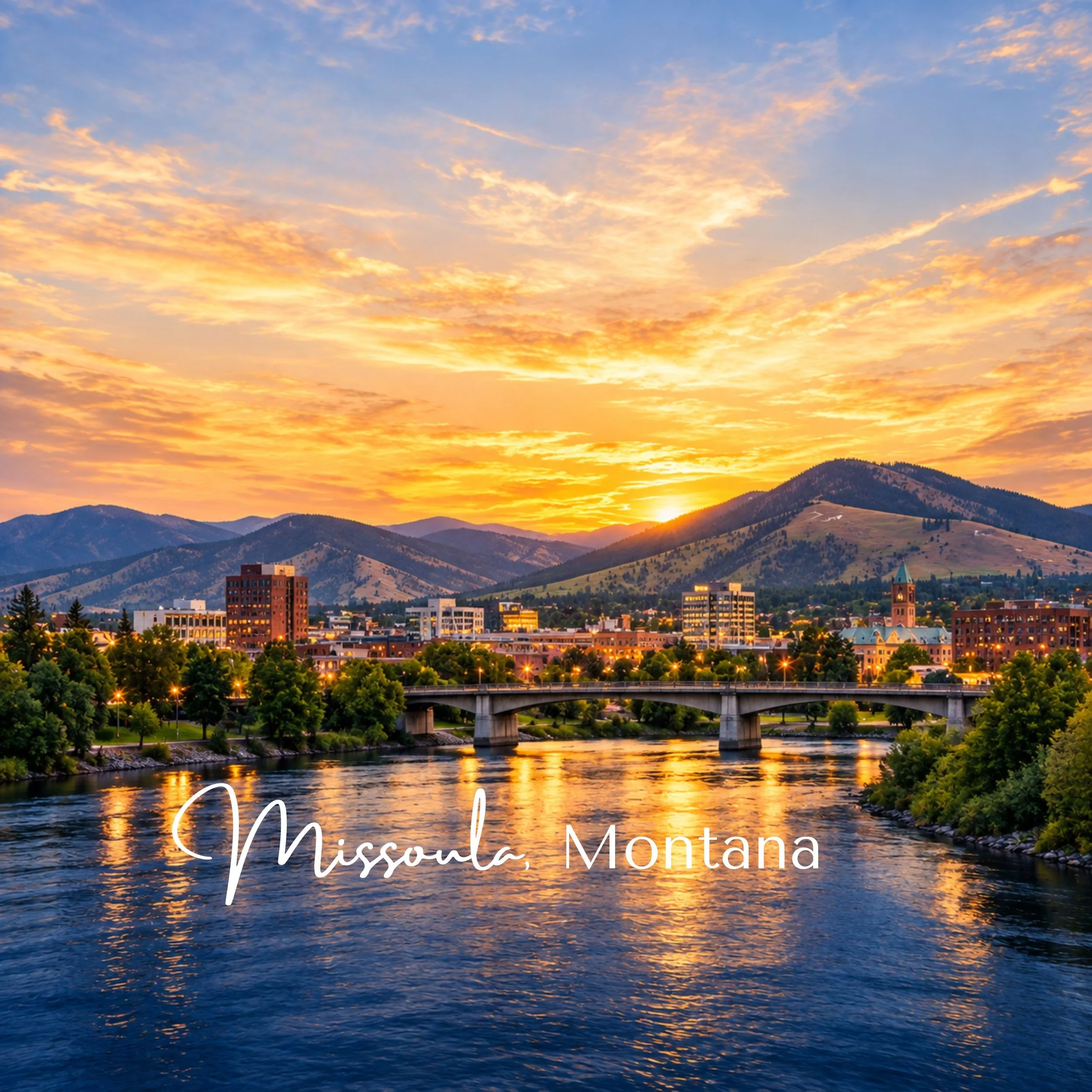 Sunset over a river with a bridge, mountains in the background, and buildings in the foreground, with the text 'Missoula, Montana' overlayed.