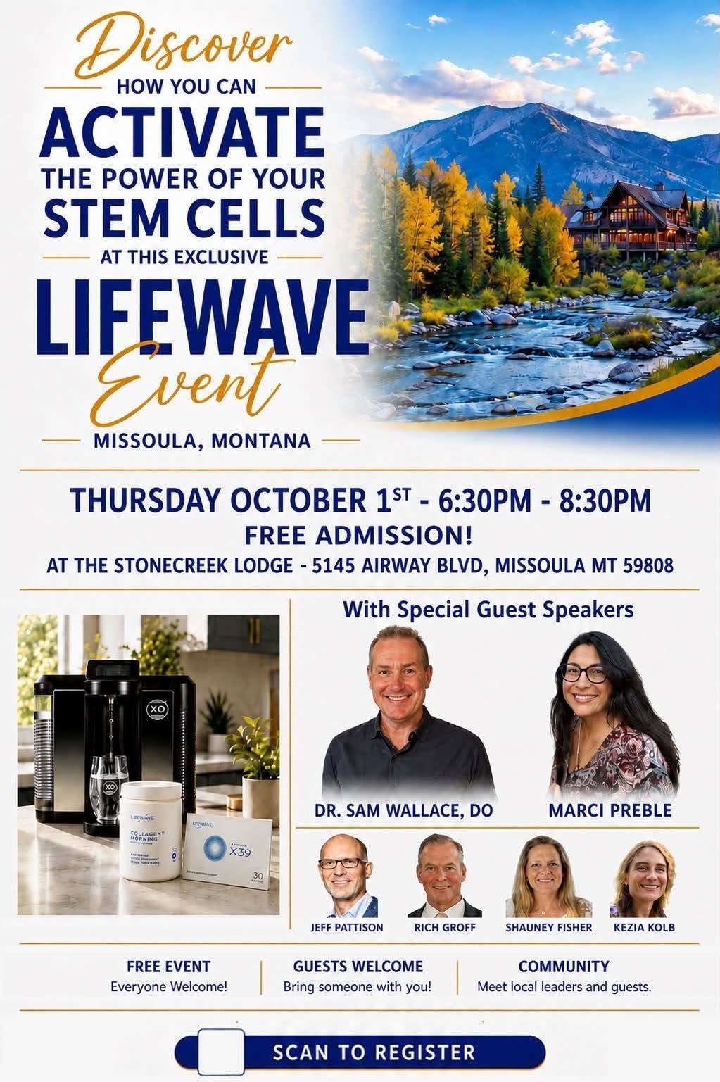 Flyer for a Lifewave event in Missoula, Montana, featuring a mountain landscape, trees, and a lodge.