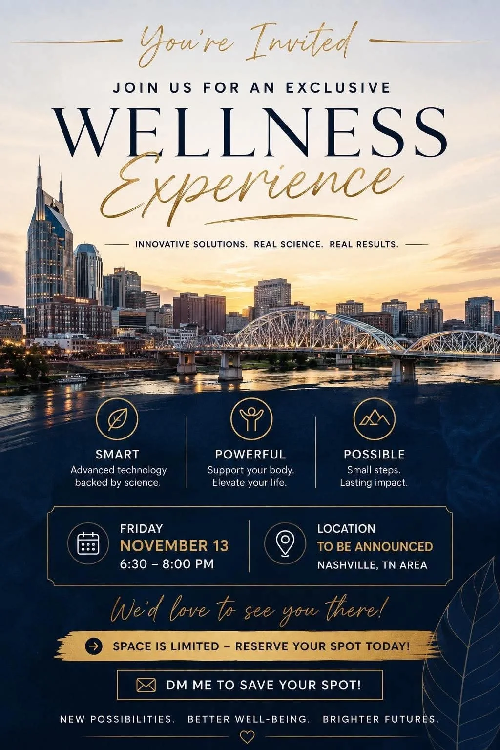 Lifestyle wellness event invitation featuring a city skyline at sunset.