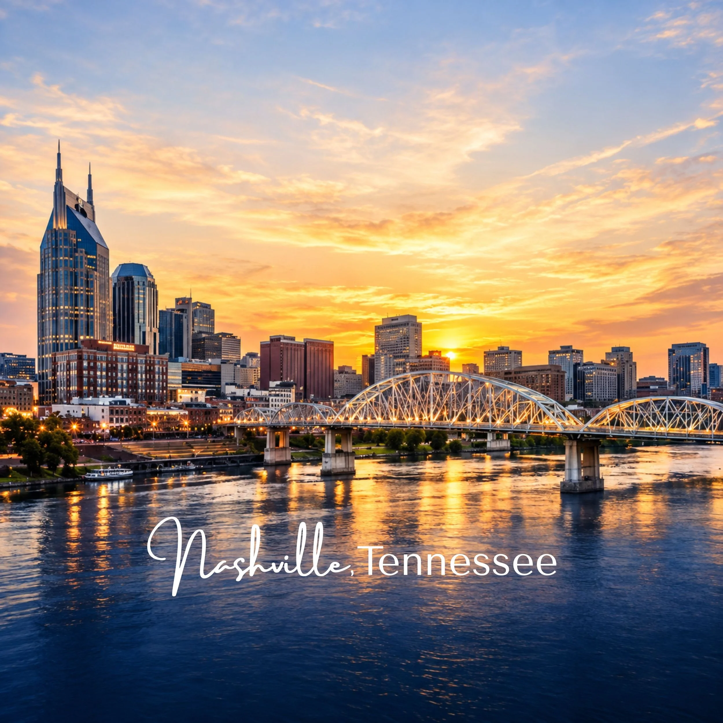 City skyline at sunset with high-rise buildings and a bridge over a river, with text overlay reading 'Nashville, Tennessee'.