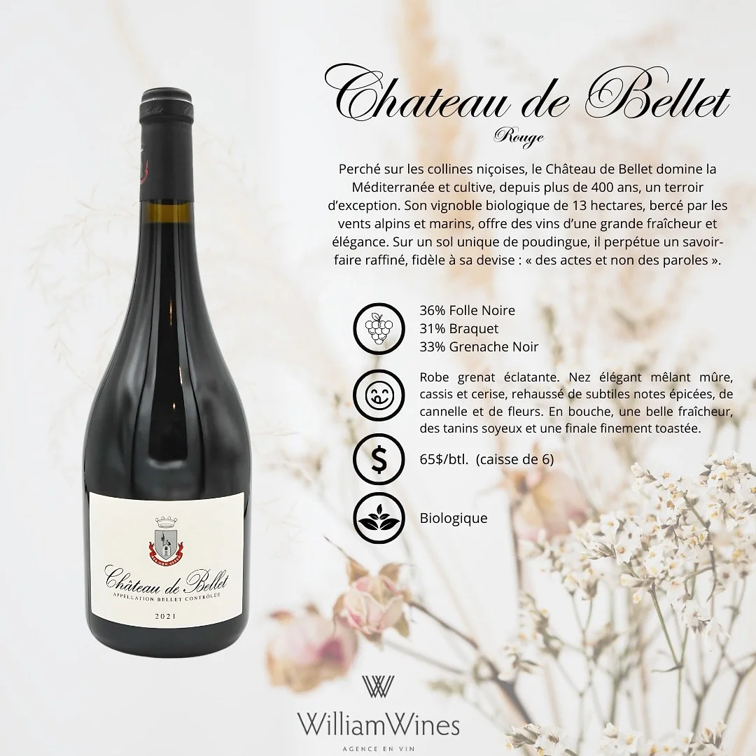 Perch&eacute; sur les collines ni&ccedil;oises, le Ch&acirc;teau de Bellet domine la M&eacute;diterran&eacute;e et cultive, depuis plus de 400 ans, un terroir d&rsquo;exception. Son vignoble biologique de 13 hectares, berc&eacute; par les vents alpin