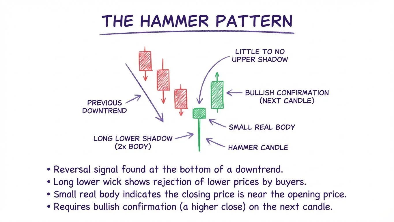 Hammer candlestick pattern diagram showing a small body with long lower wick appearing after a downtrend - bullish reversal signal