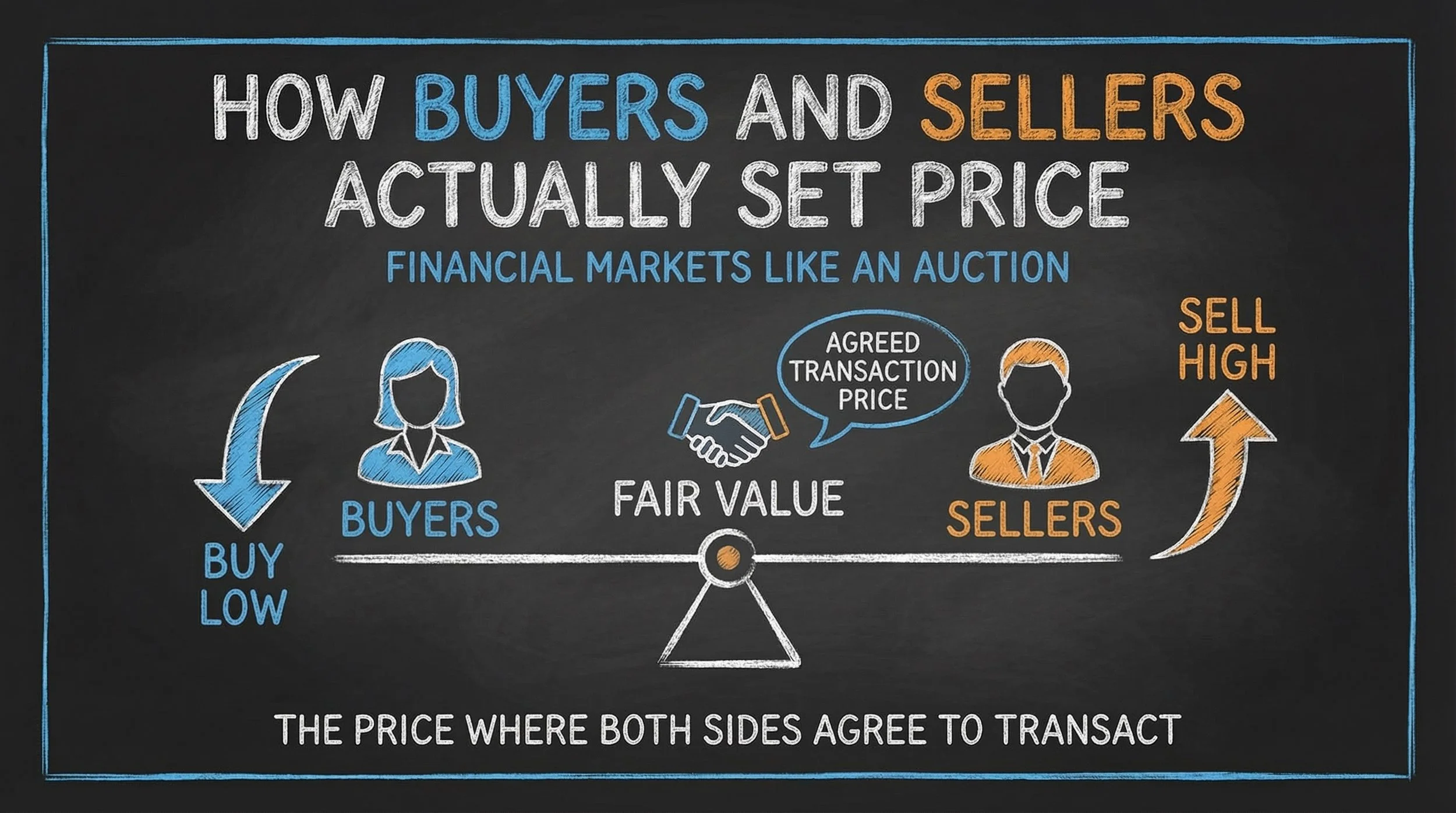 Diagram showing how buyers and sellers set price in financial markets through fair value, with buyers seeking low prices and sellers seeking high prices
