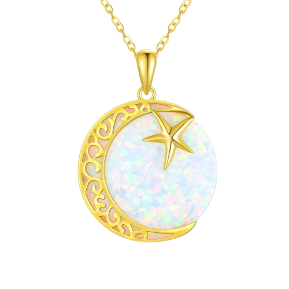 Pendent fantaisie en forme de lune avec un étoile en or, suspendu à une chaîne en or