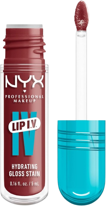 Un tube de gloss à lèvres NYX professionnel avec un applicateur et un pot bleu