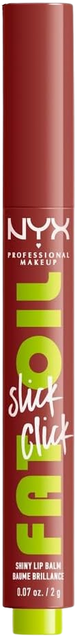 Baume à lèvres NYX Professional Makeup, stick brillant à lèvres, couleur rouge avec texte vert et blanc.