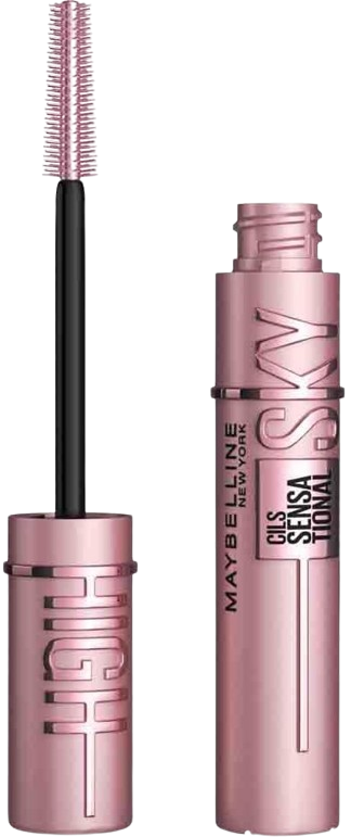 Un mascara Maybelline Lash Sensational, couleur rose, avec un tube et une brosse applicatrice.
