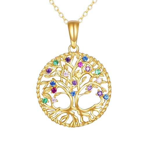 Pendentif en forme d'arbre de vie en or avec des branches et des racines, orné de petites pierres précieuses de différentes couleurs, suspendu à une chaîne en or.