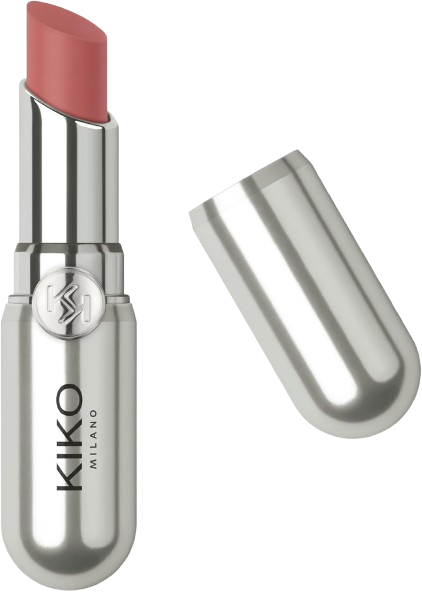 Rouge à lèvres rose dans un emballage métallique avec capuchon cylindrique à côté.