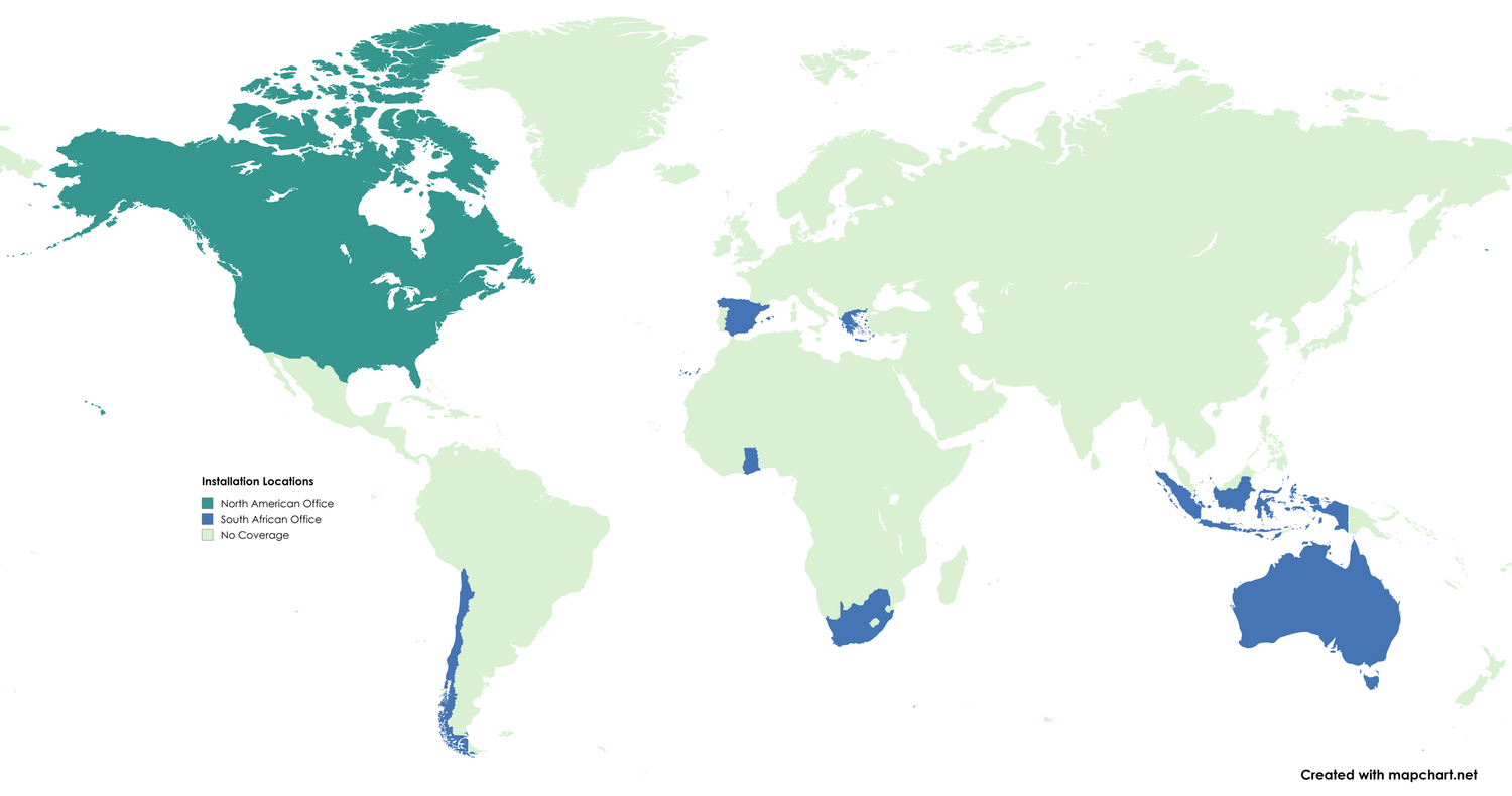 World map showing EVS-related office and installation regions