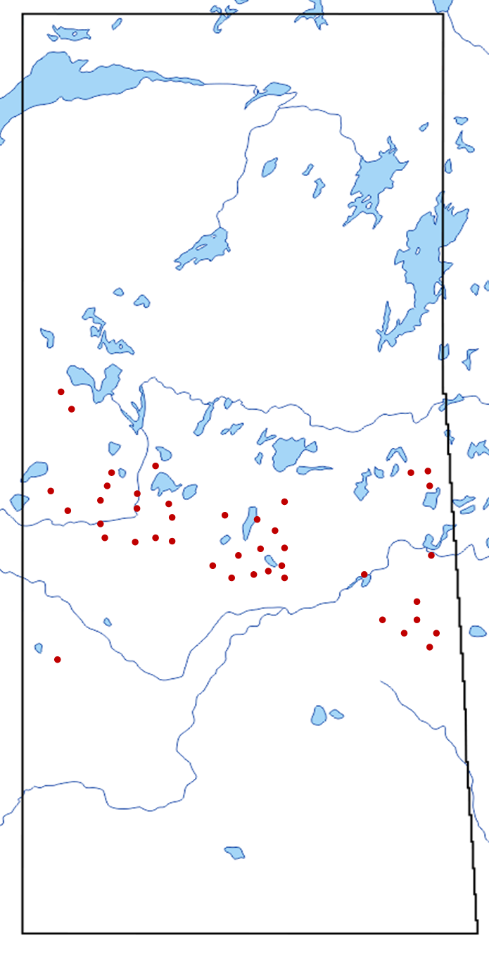 Saskatchewan map with red dots showing wildfire detection site locations