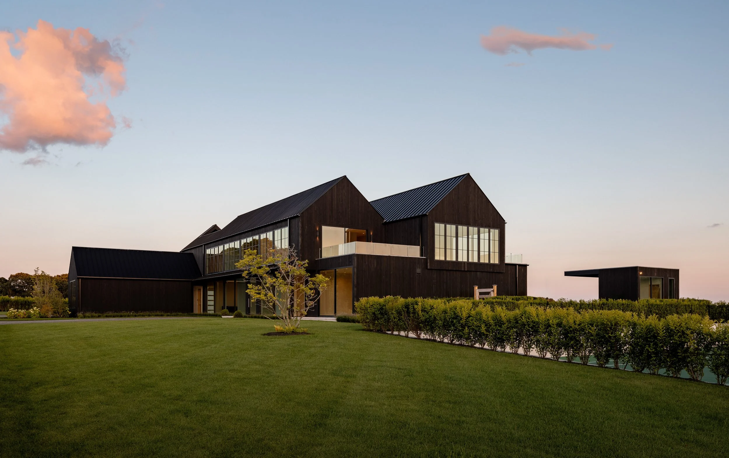 Modern black house with large windows, surrounded by a green lawn and bushes, under a sky with pink-tinted clouds at dusk.