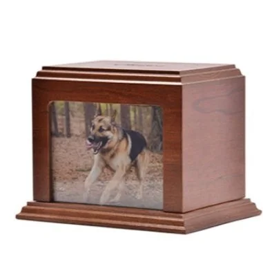 Wooden pet memorial box with dog photo