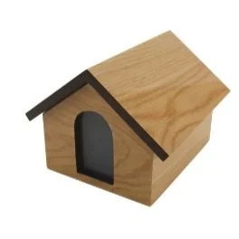 Wooden birdhouse with triangle roof and arched entrance