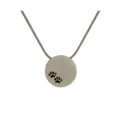 A silver round pendant necklace with black paw print design.