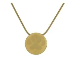 Gold necklace with a round pendant featuring a paw print design.