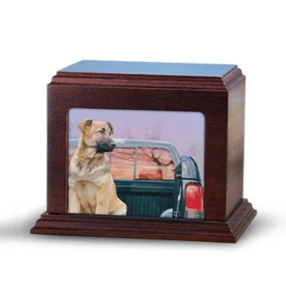 Wooden box with a photo of a dog in a truck bed