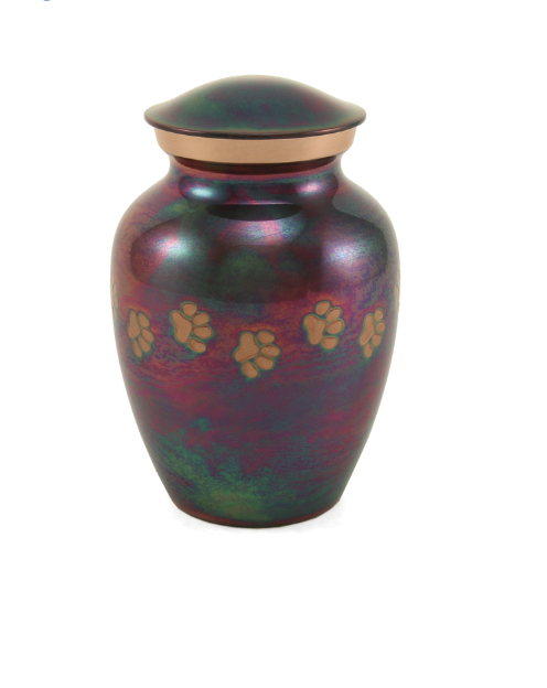 Iridescent pet urn with gold paw prints design and lid