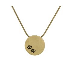 Gold necklace with round pendant and paw print design.