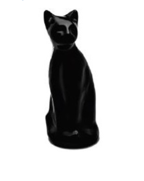 Black cat figurine on white background.