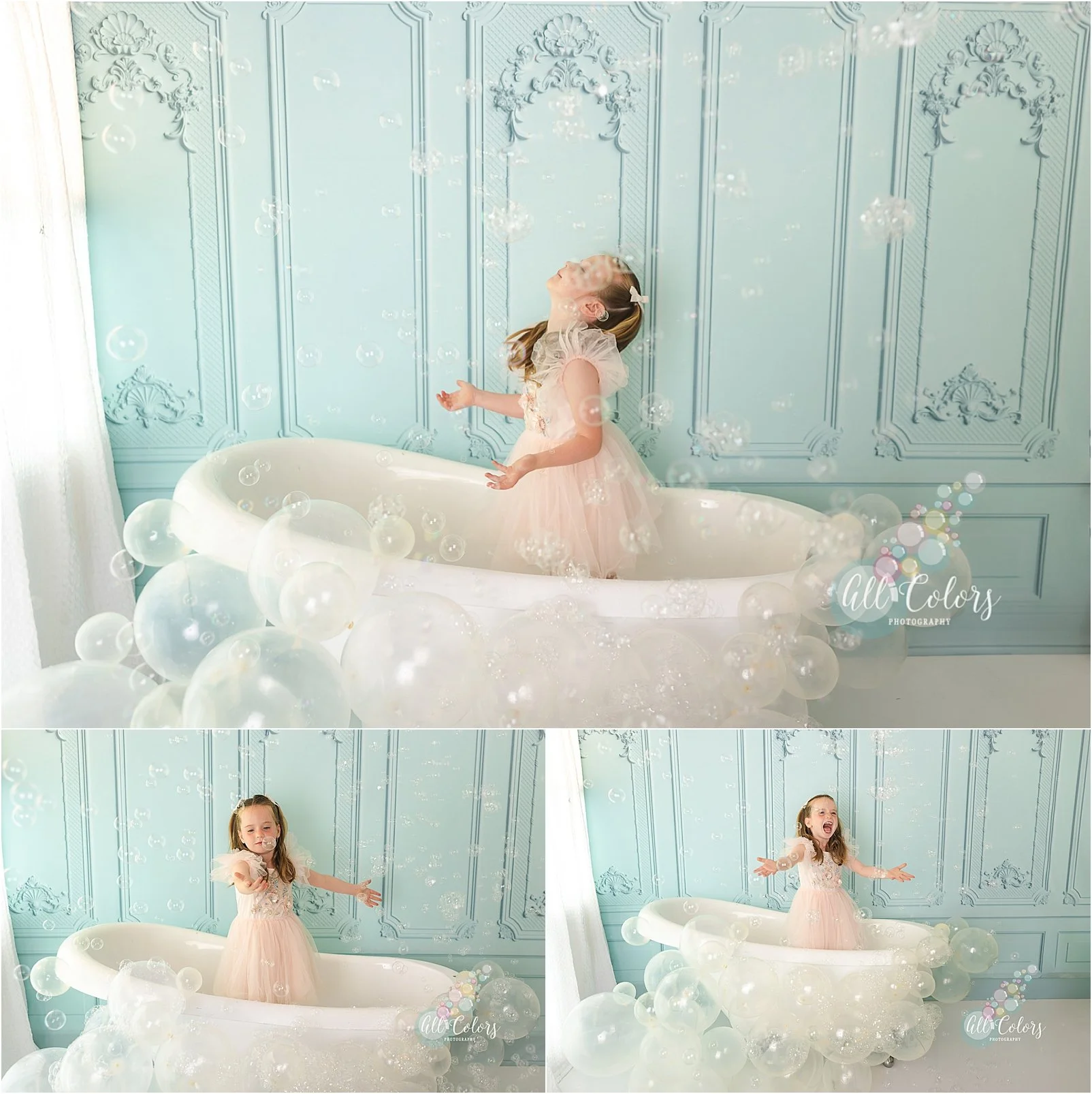 Editorial Photoshoot in San Diego for kids with a a bath tub and bubbles in studio