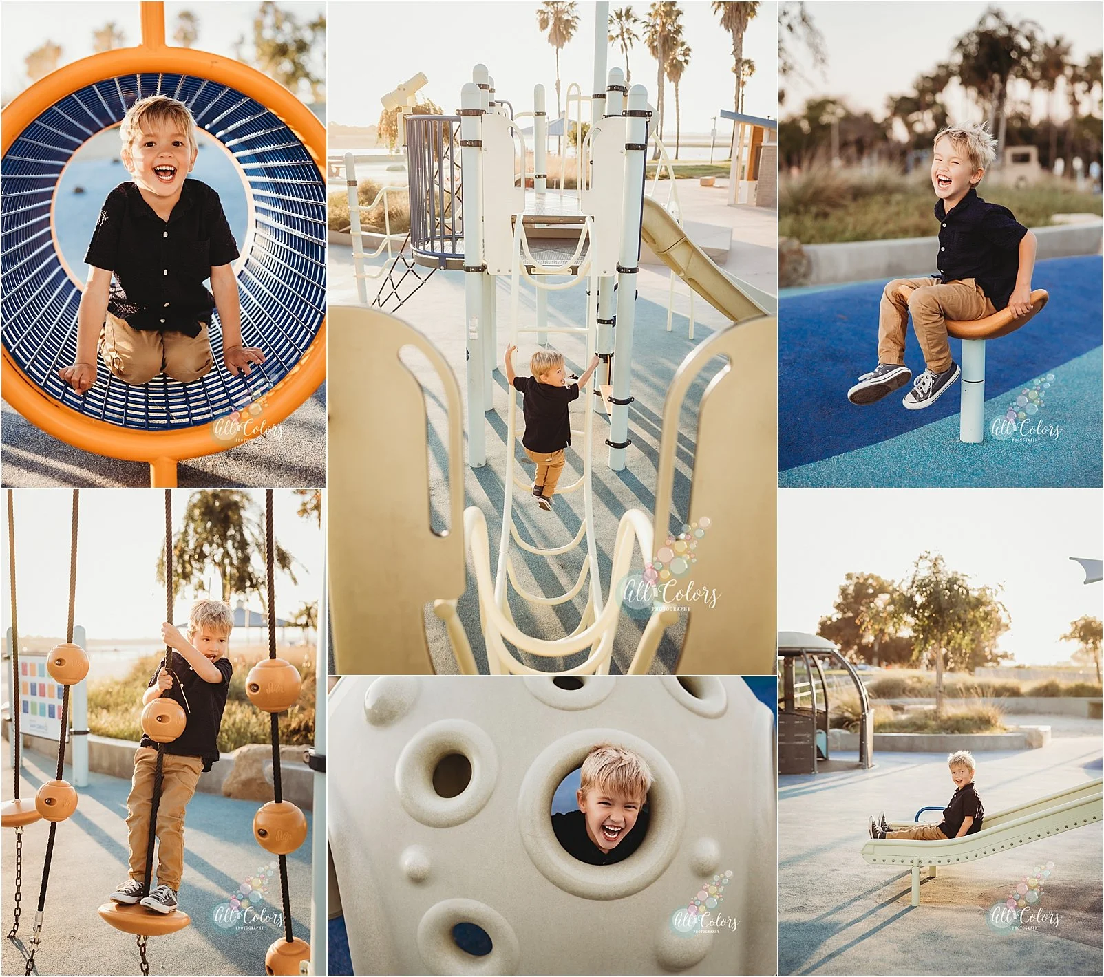 collage of photos of a 5 year old boy playing at a playground
