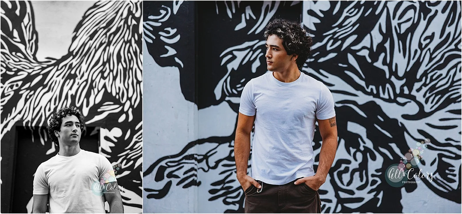 two photos of a young man in front of a black and white mural in San Diego, CA