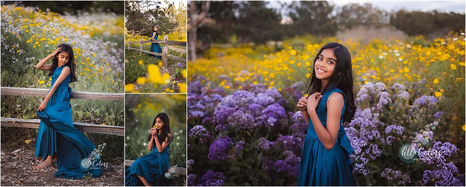 four photos of an Indian girl wearing a blue Joy Folie dress in wildflower fields in Carlsbad.