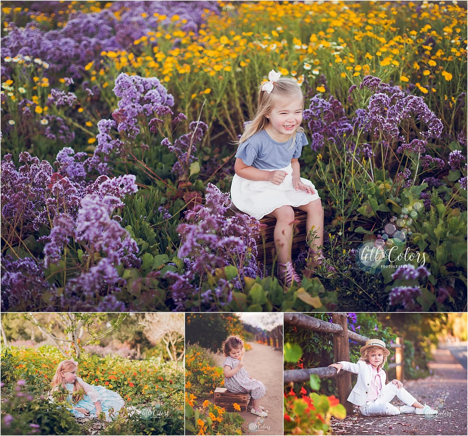 Collage of 4 different photos of kids in wildflower fields in San Diego